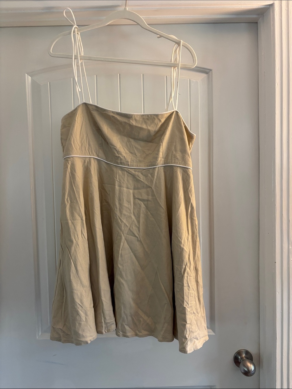 MAJORELLE Beige Spaghetti Strap Mini Dress with White Piping